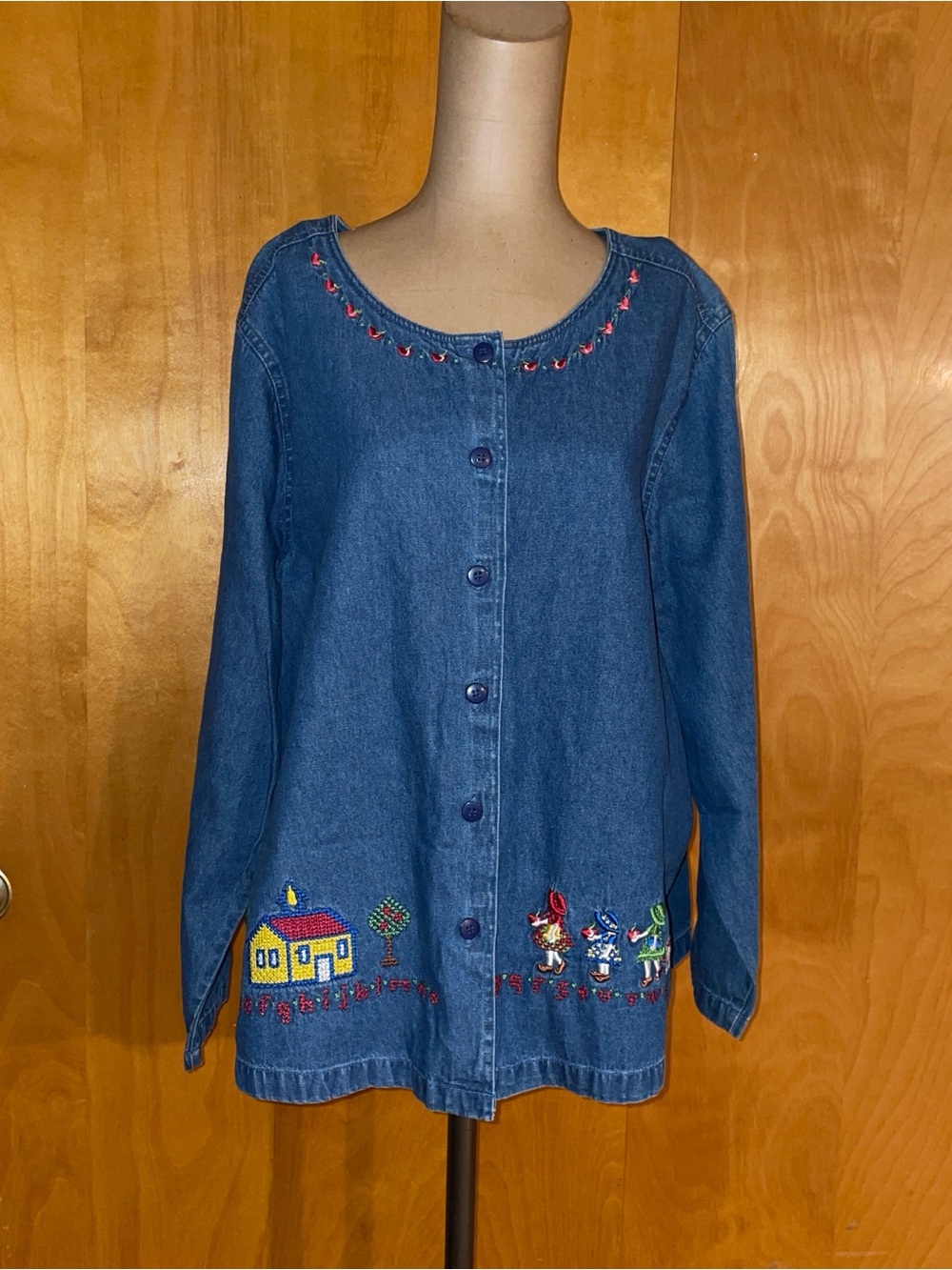 Women’s Embroidered Denim Button-Down Shirt -cottagecore-teacher-cotton